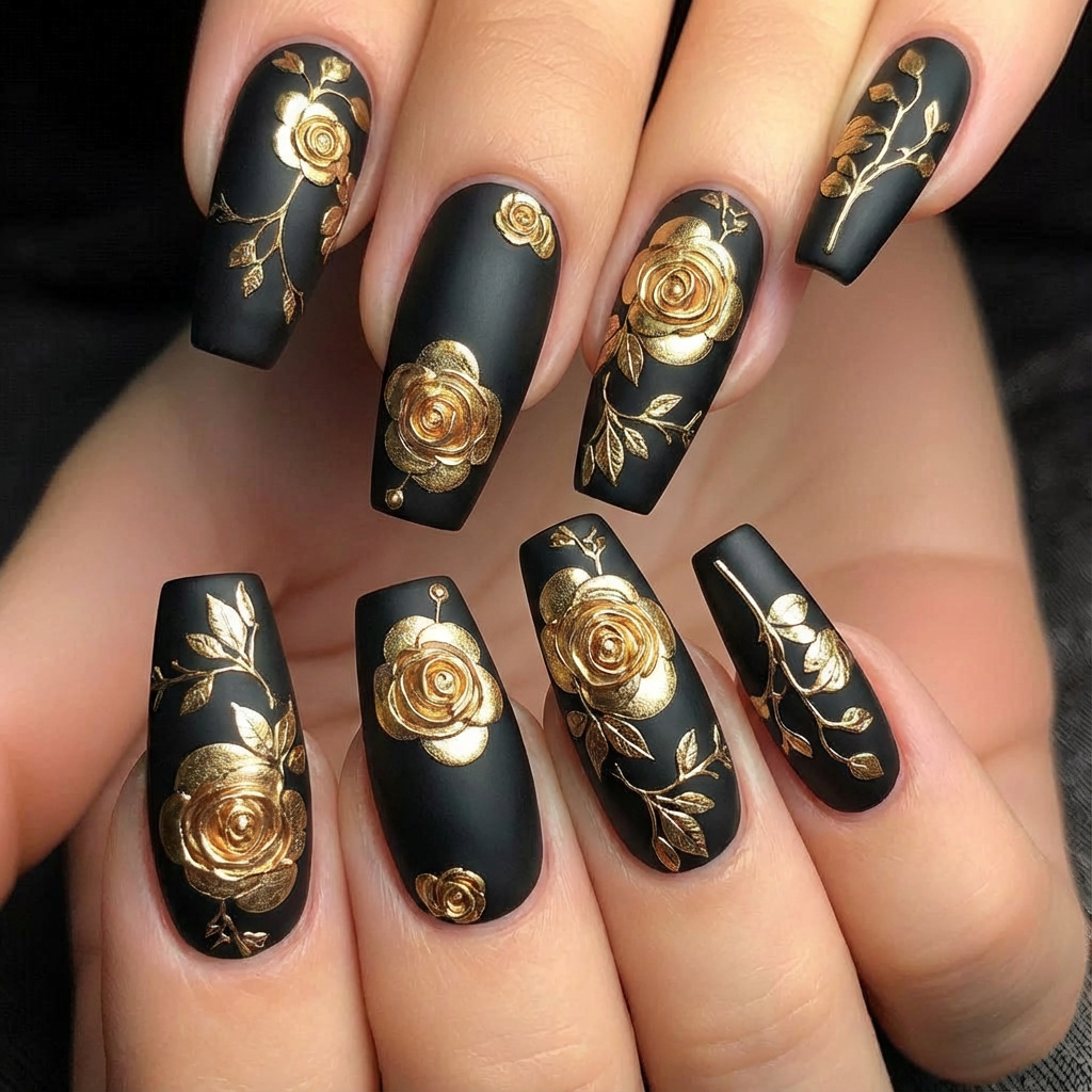Pressed Flower Art - 3D-Kunstnägel für Frauen und Mädchen, goldene
