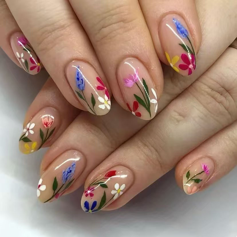 Pressed Flower Art - 24 Stück einfache Mandel-Nägel-Spitzen, frisches buntes