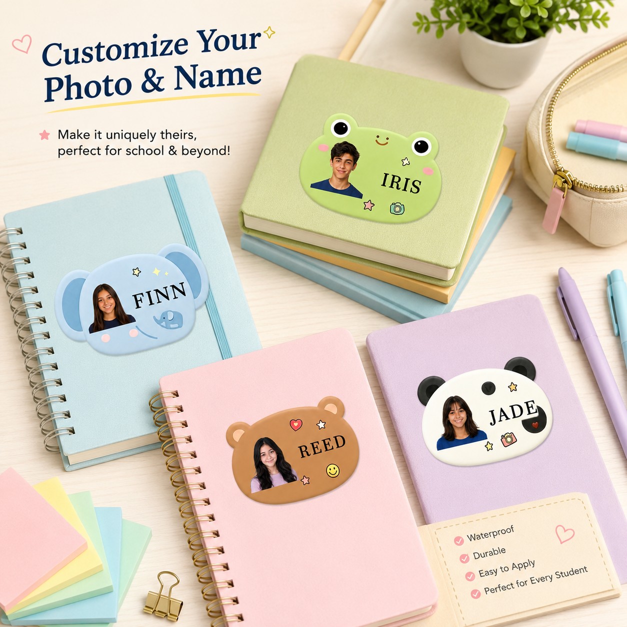 Custom Photo Book - Personalisierte Foto-Namensaufkleber, Niedliche Tierförmige Personalisierte Namensschilder,